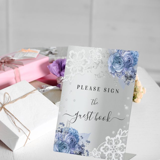 Señal de libro de invitados de encaje floral azul  (Subido por el creador)