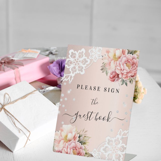 Señal de libro de invitados de encaje floral rosa (Subido por el creador)