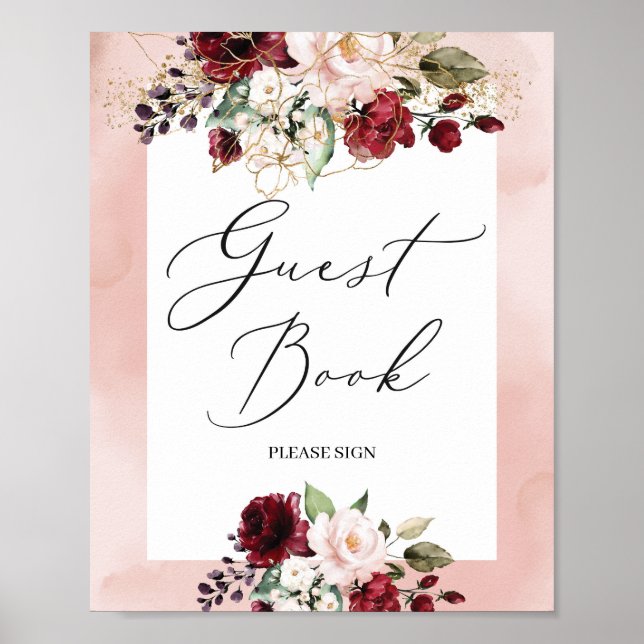 señal de libro de invitados floral rosa borgoña bo (Frente)