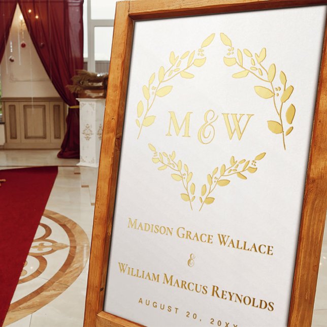 Señal de mantenimiento del escudo del boda del mon (Real gold foil wedding monogram crest sign keepsake.)