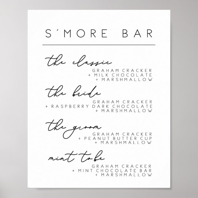 Señal de menú de barra de S'mores para boda, Póste (Frente)
