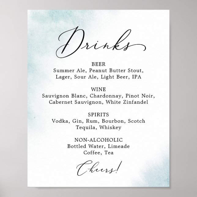 Señal de menú de bebidas de boda azul | Lavado con (Frente)