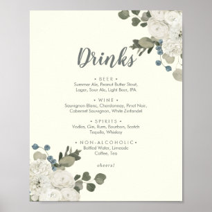 Señal de menú de bebidas de boda floral de inviern
