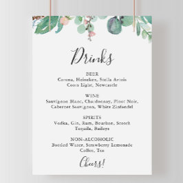Señal de menú de bebidas para boda floral tropical