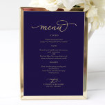 Señal de menú de boda azul marino con letra dorada<br><div class="desc">Señal de menú de boda azul marino con letra dorada</div>