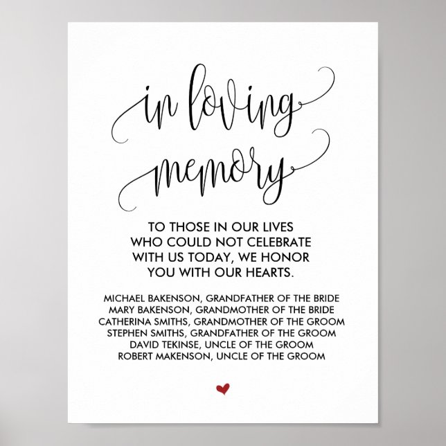 Señal de mesa conmemorativa de boda en memoria amo (Frente)