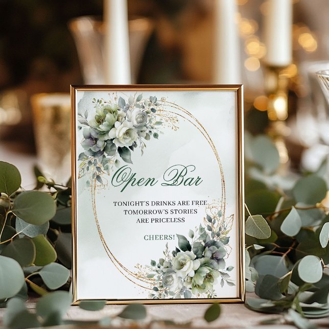 Señal de mesa de barra abierta de verde y dorado B (Greenery and Gold Open Bar Tabletop Sign Boho)