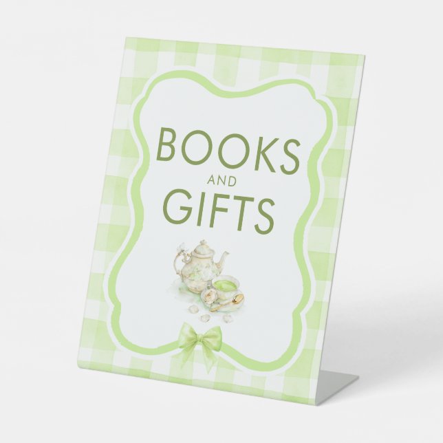 Señal de mesa para baby shower de té de libros y r (Anverso)
