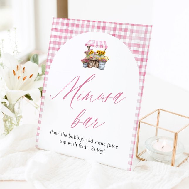 Señal de Mimosa de Gingham Rosa recién salida del  (Watercolor Pink Gingham Fresh Off The Market Mimosa Sign)