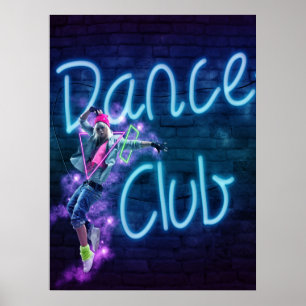 Señal de neón del club de baile con el poster de