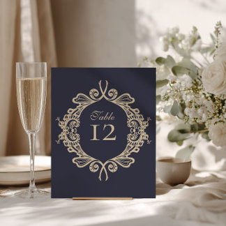 Señal de número de mesa de boda barroco azul marin