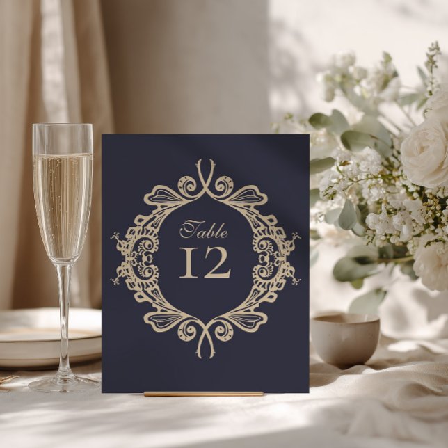 Señal de número de mesa de boda barroco azul marin (Subido por el creador)