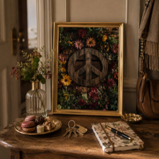 Señal de paz de madera rústica con flores silvestr