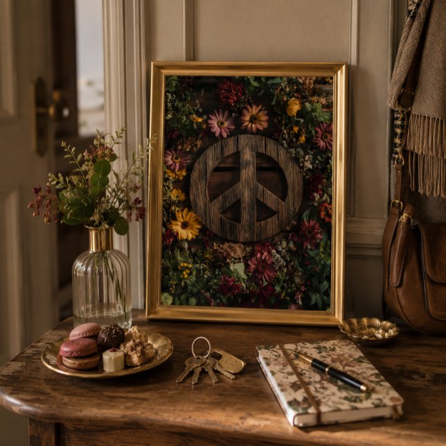 Señal de paz de madera rústica con flores silvestr (Welcoming entry table with framed peace artwork, flowers, sweet treats, keys, and daily essentials.)