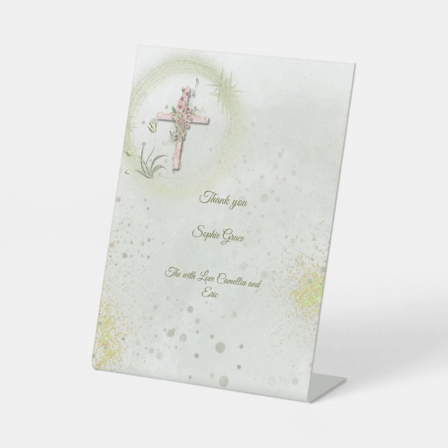 Señal de pedestal de bautismo de cruz elegante y b (Anverso)