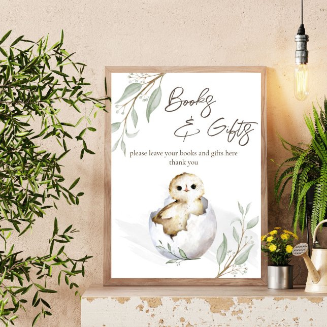 Señal de regalo de libros para bebés de pajarita (Hatching soon bird baby shower books and gifts table sign sweet little bird spring baby shower)