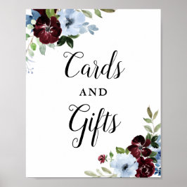Señal de regalo y tarjetas florales burgundy azul 