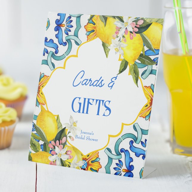 Señal de regalos de cumpleaños de azulejos azules  (Majolica blue tiles lemons vintage Italian bridal shower gifts table sign personalized decor)