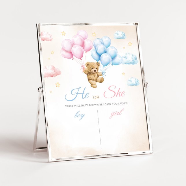 Señal de Revelación de Género de Oso Podemos Esper (Bear Balloon He or She Gender Reveal Voting Sign)