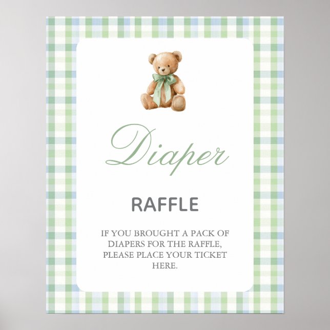 señal de rifa de pañales para baby shower de oso e (Frente)