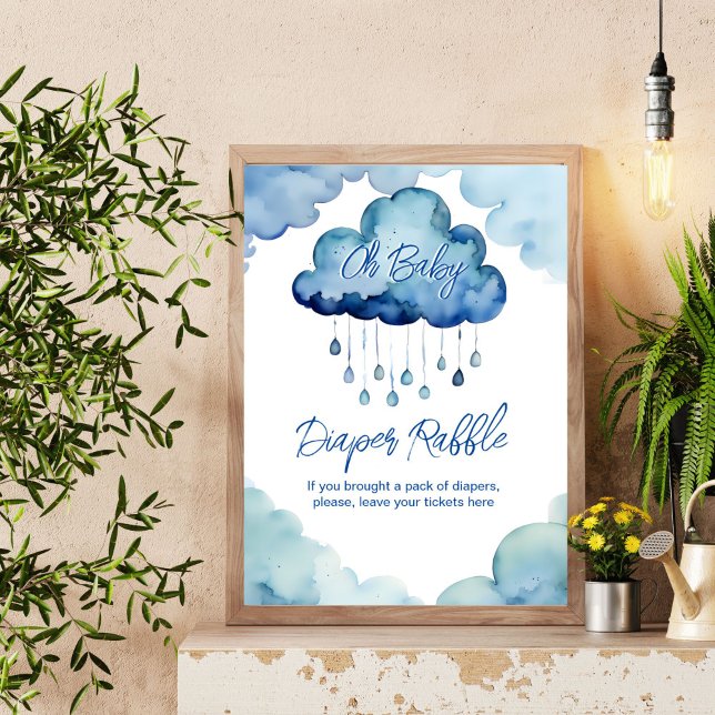 Señal de rifa de pañales para la ducha bebé en la  (Oh Baby cloud baby shower diaper raffle sign cute blue whimsical cloud with raindrops  table sign)