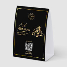 señal de tienda de mesa Eid Mubarak con código QR