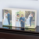 Señal Decorativa De Madera Collage de fotos boda - 3 fotos y texto Personaliz<br><div class="desc">Bloque de madera de fotos boda con 3 fotos bodas y su texto personalizado, como el nombre del nuevo señor y señora y su fecha boda. La plantilla está configurada para que pueda añadir hasta 3 fotos, mostradas en formato vertical vertical 3x. El diseño está en azul oscuro y blanco,...</div>