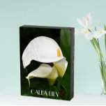 Señal Decorativa De Madera Dos Calla Lilies Floral Blanca<br><div class="desc">Cartel de la caja de madera pintado de negro,  diseñado para colgar o pararse,  que muestra una foto de dos hermosos y blancos Calla Lilies junto con su follaje verde. El texto se imprime con letras blancas. La decoración de la casa es muy agradable.</div>