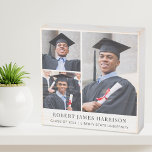 Señal Decorativa De Madera Graduación del collage de fotos<br><div class="desc">Cartel de la caja de madera para celebrar el graduado con un collage de tres fotos y su nombre,  año de clase y escuela en una elegante tipografía moderna.</div>