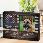 Señal Decorativa De Madera Jubilación de agente de policía K9 Dog<br><div class="desc">Honra a tu mejor pareja y perro policía por sus dedicados años de servicio con esta placa de reconocimiento de la foto del retiro de la policía de la Línea Azul delgada. Personalice con la foto, el nombre, el mensaje personal, las fechas de servicio y los años de servicio de...</div>