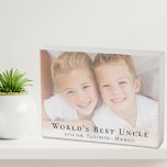 Señal Decorativa De Madera La foto del mejor tío del mundo<br><div class="desc">Dale al tío mejor del mundo un cartel de la caja de madera de una foto personalizado que él valorará durante años. Se puede personalizar con una foto familiar, personalizar la expresión "Mejor tío del mundo" y cómo se le dirige (tío, tio, etc.), y agregar los nombres de sus sobrinas...</div>