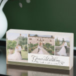 Señal Decorativa De Madera Lo mejor es todavía para venir a amar citas Bodas<br><div class="desc">Bloque fotográfico boda con citas de amor y corazones de amor interrelacionados. La plantilla de fotos está configurada para agregar 3 imágenes bodas que se mostrarán en formatos verticales y horizontales. La cita dice "envejecer conmigo, el chaleco está por venir" en rápida caligrafía y tipografía elegante. El borde verde oliva...</div>