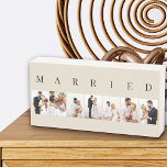 Señal Decorativa De Madera MARRIED 7 Collage de fotos de imágenes natural y n<br><div class="desc">Señal moderna de la caja de madera, personalizada con sus fotos bodas. Un diseño elegante en una paleta de colores neutros de negro y natural, perfecto para recién casados y regalos de aniversario. La plantilla de fotos está configurada para que agregue 7 de sus imágenes favoritas que se muestran en...</div>