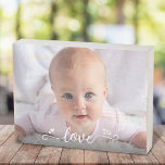 Señal Decorativa De Madera Personalizado DIY Baby Photo Love Calligraphy Keep<br><div class="desc">"Amor". Una divertida y divertida imagen de escritura blanca manuscrita y corazones lindos y juguetones contra la foto de tu elección, ayuda a mantener el amor en tu corazón todos los días. Difunde felicidad y alegría cuando veas este elegante y moderno símbolo de caja de fotos personalizado dulce. La verdadera...</div>