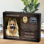 Señal Decorativa De Madera Reconocimiento por retiro de perro de la policía O<br><div class="desc">Honra a tu mejor pareja y perro policía por sus dedicados años de servicio con este símbolo de la caja de madera de la placa de la foto de la apreciación de la jubilación de perro de la Línea Azul delgada. Personalice con la foto, el nombre, el mensaje personal, las...</div>