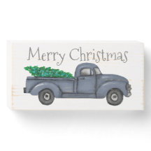 Vintage Blue Christmas Truck Wood Art Rótulo