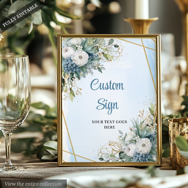 Señal Digital Personalizada Clásica Dusty Blue Gre (Classic Dusty Blue Greenery Custom Wedding Sign)