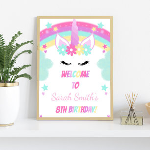 Señales de bienvenida de unicornio en la nube verd