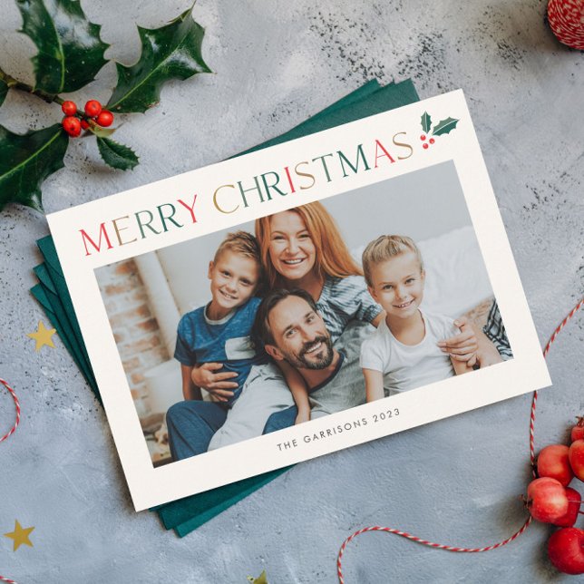 Sencilla 2 Fotos Coloroso Feliz Navidad (Colorful Merry Christmas Holiday Card with Horizontal Photo and Holly Branch Accent.)