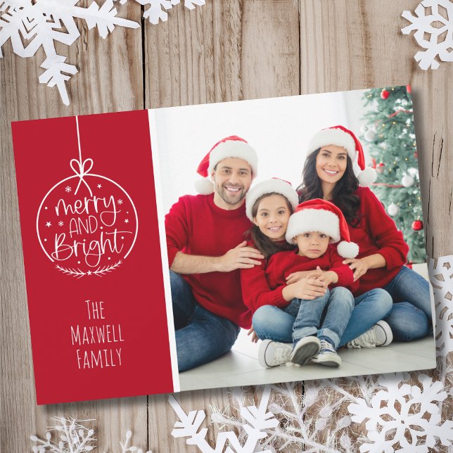 Sencilla foto roja blanca Feliz Navidad (Simple Red White Photo Merry And Bright Christmas Holiday Card)