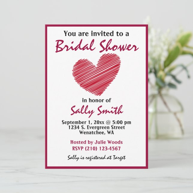 Sencilla Invitación a ducha de novias en el corazó (Anverso de pie)