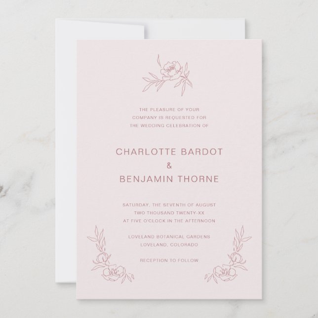 Sencilla Invitación de Boda de Rosa Rosada (Anverso)