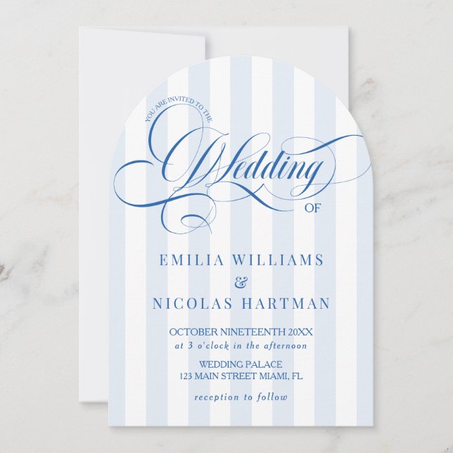 Sencilla invitación de boda elegante a rayas azule (Anverso)