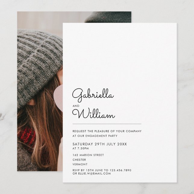 Sencilla Invitación de Compromiso con Foto en Blan (Anverso / Reverso)