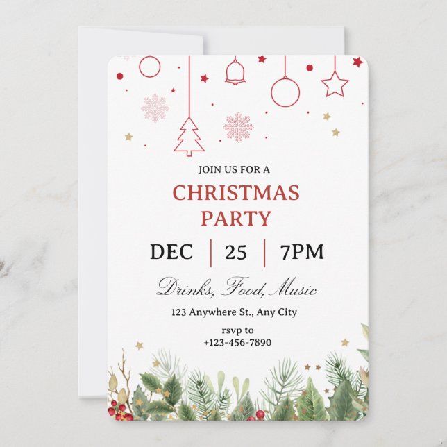 Sencilla invitación de fiesta de Navidad Holly (Anverso)