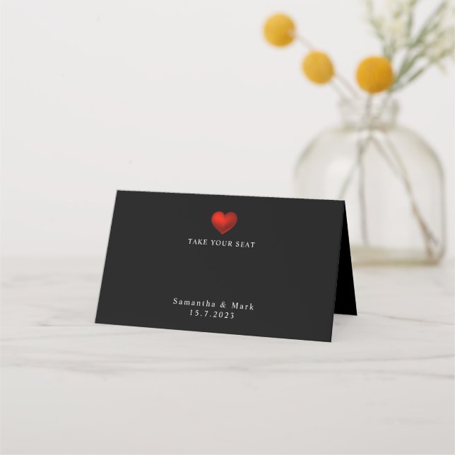 Sencilla tarjeta de lugar de Boda negro de corazón (Anverso)