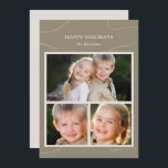 Sencilla tarjeta de Navidad verde oliva con colaje<br><div class="desc">Esta tarjeta navideña presenta un diseño simple y único con tres fotos. El diseño incluye texto editable en la parte superior (como "Felices Fiestas"), el nombre de su familia y tres fotos debajo. Unas bonitas espirales están pintadas sobre el fondo gris-verde oliva para darle un aspecto orgánico y etéreo inspirado...</div>