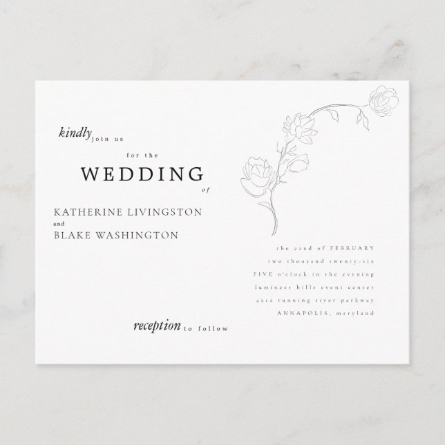 Sencilla Tarjeta Postal de Boda con Tallo Elegante (Anverso)