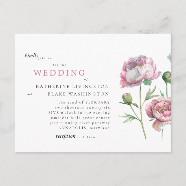 Sencilla Tarjeta Postal de Boda con Tallo Rosa Ele (Anverso)