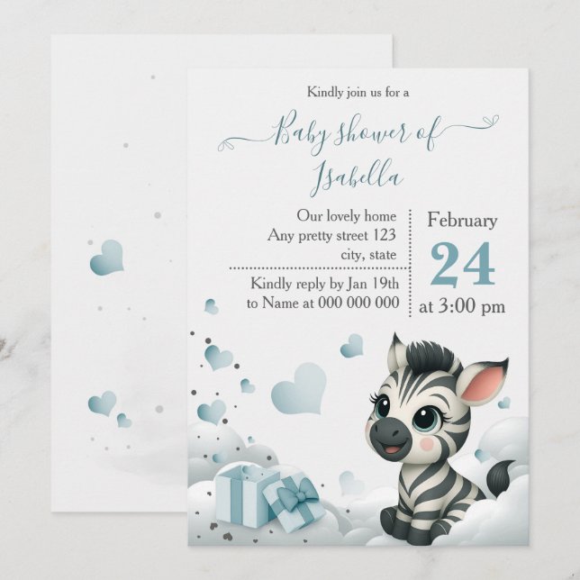 Sencilla y linda invitación de baby shower de cebr (Anverso / Reverso)